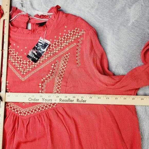 Torrid Top Womens Plus 2XL Tunic Peasant Coral Red Embroidered Boho Cottage NWT - Picture 5 of 9
